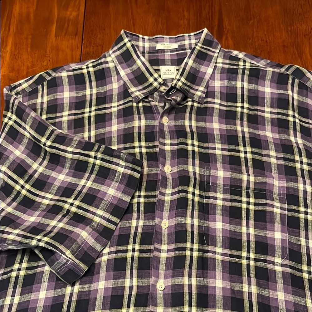 Peter Millar Purple Casual Plaid Button Down Shirt 100% linen size XL